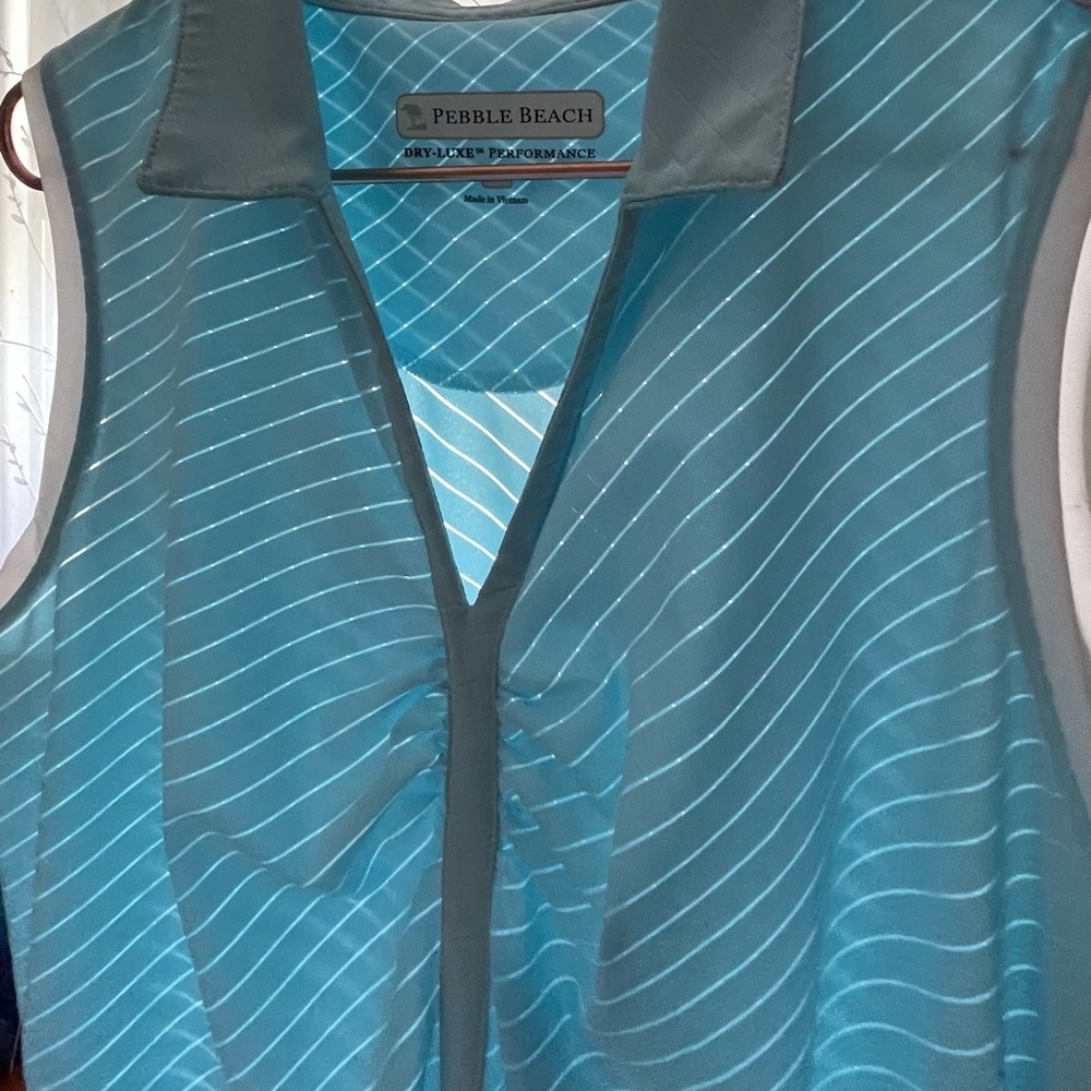 Pebble Beach light blue sleeveless golf shirt with ties